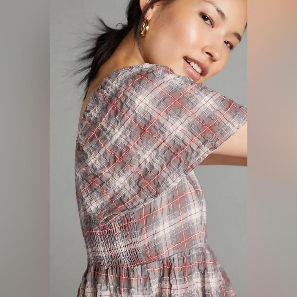 {SOLD} Maeve Anthropologie Grey & Red Plaid Flutter Sleeve Mini Dress Size Small - Picture 8 of 9